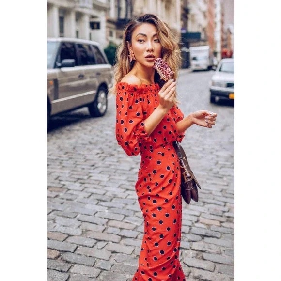 Saloni Grace Midi Dress Size 2 Red Black Polka Dot Silk Off Shoulder Puff Sleeve - Picture 3 of 16